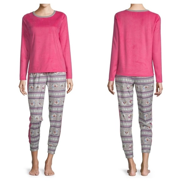 New Womens Fleece 2 Piece Pajamas PJs Set Pink llamas - Picture 1 of 13